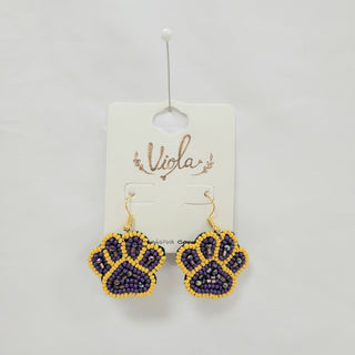 Purple & Gold Paw 1" Seed Bead Earrings
