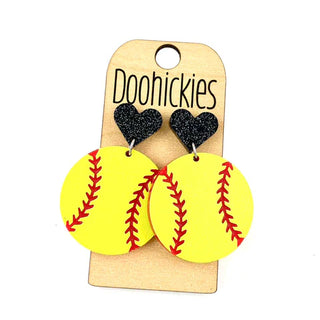 Softball with Heart Dangle Earrings