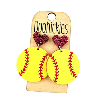Softball with Heart Dangle Earrings