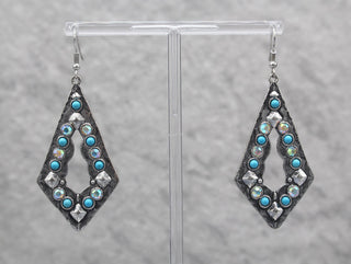 0649 (1) DIAMOND SHAPE SILVER Earrings WITH TURQ AND CRY STONES