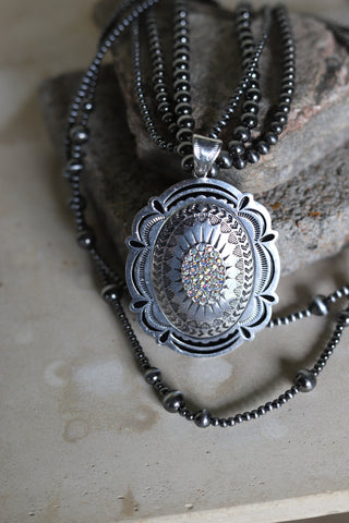 0730 T15 3 STRAND FAUX SILVER BEAD Necklace W/ WESTERN PENDANT