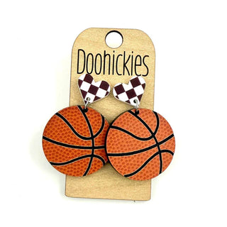 Basketball with Checkered Heart Dangle Earrings