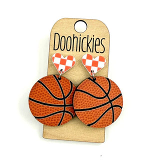 Basketball with Checkered Heart Dangle Earrings