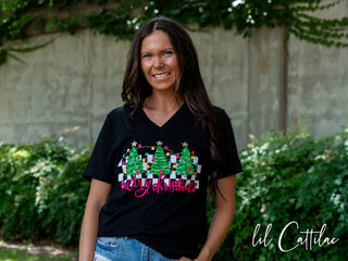 Trees with Check - V-Neck Christmas Tee