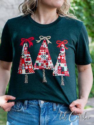 Patterned Trees with Bows - Christmas Tee