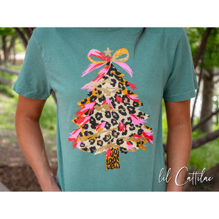 Leopard Glitter Christmas Tree - Comfort Colors Christmas Tee