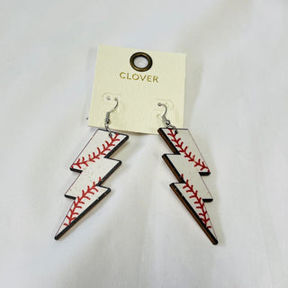 Baseball Lightning Bolt Wood Earrings