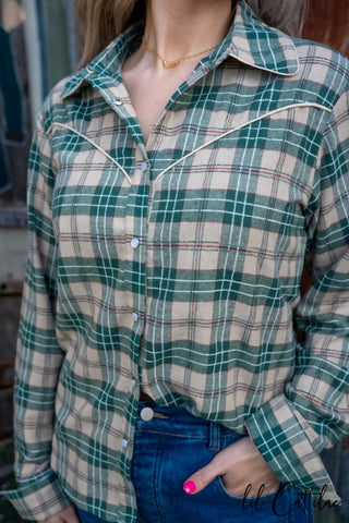 Green Flannel Western Long-Sleeve Button-Up