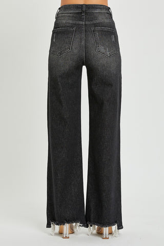 Black Denim High-Rise Wide Leg Back Step Hem Jeans