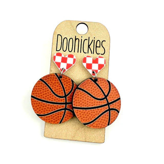Basketball with Checkered Heart Dangle Earrings