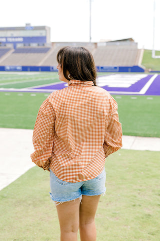 Sadie Orange Check Bowtie Long-Sleeve Top