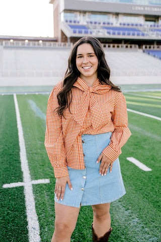 Sadie Orange Check Bowtie Long-Sleeve Top