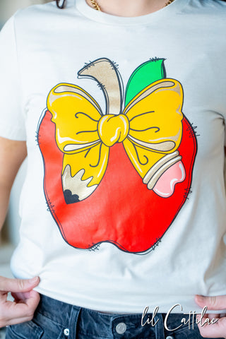 Teacher Apple with Pencil Bow Tee